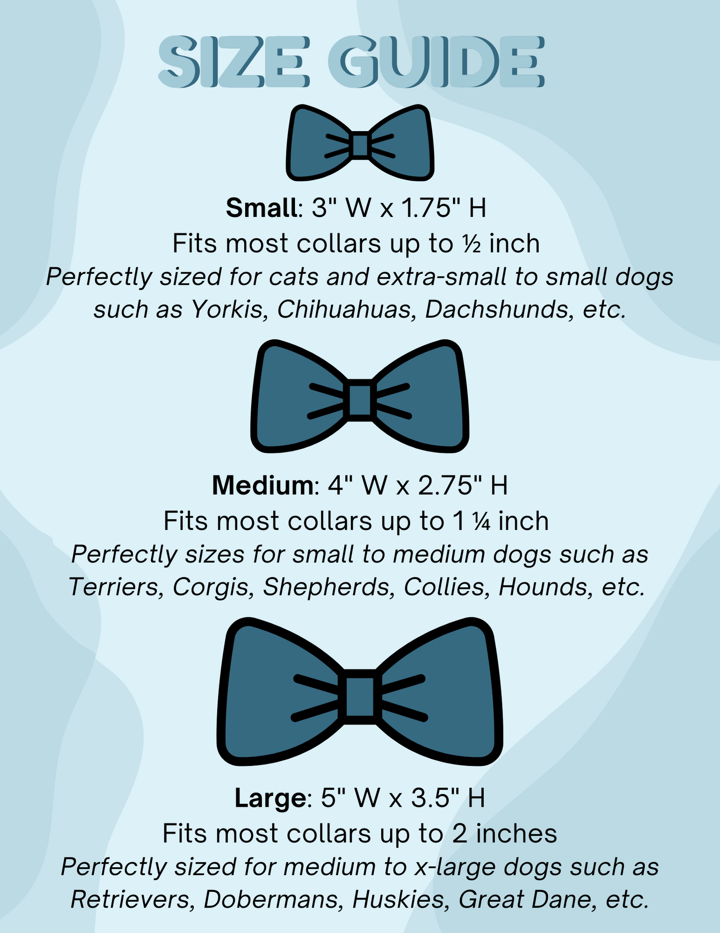 Size guide for bow ties with dimensions and fitting information for cats, small to medium dogs, and large dogs.