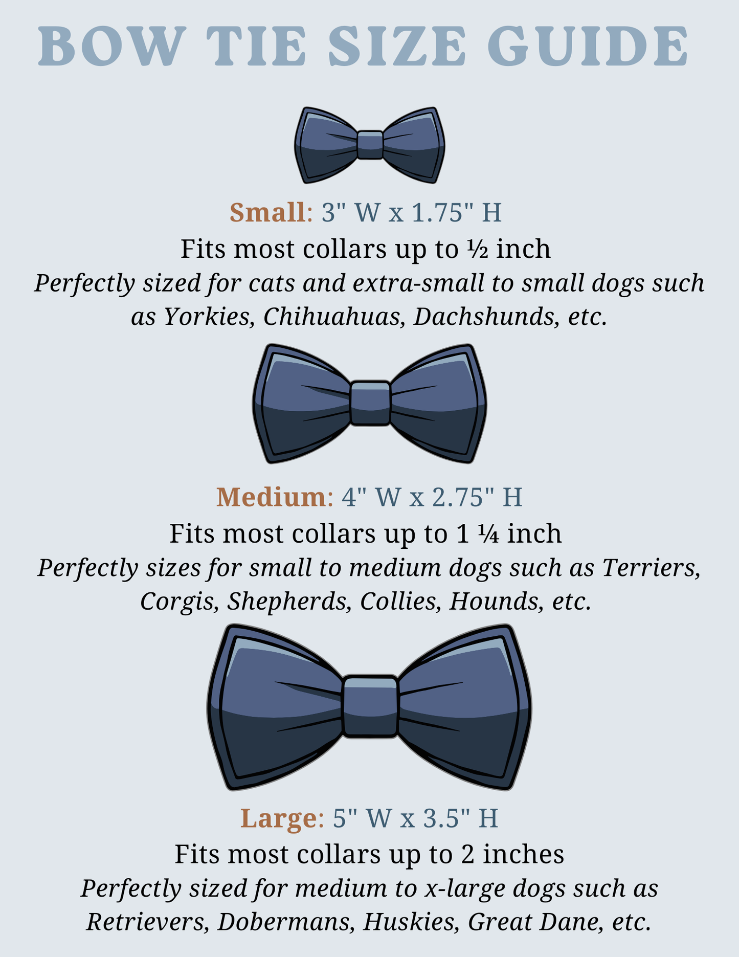 Bow tie size guide with illustrations and measurements on a light blue background