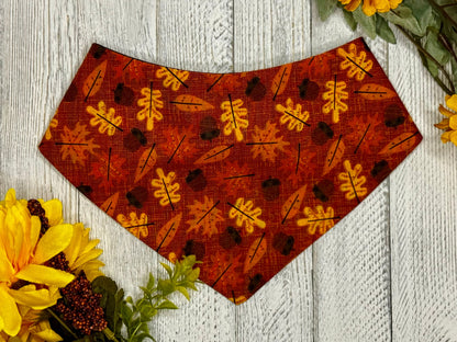 A scrunchie-style pet bandana with a leaf pattern in shades of brown and orange, displayed on a white wooden background with fall flowers around it.