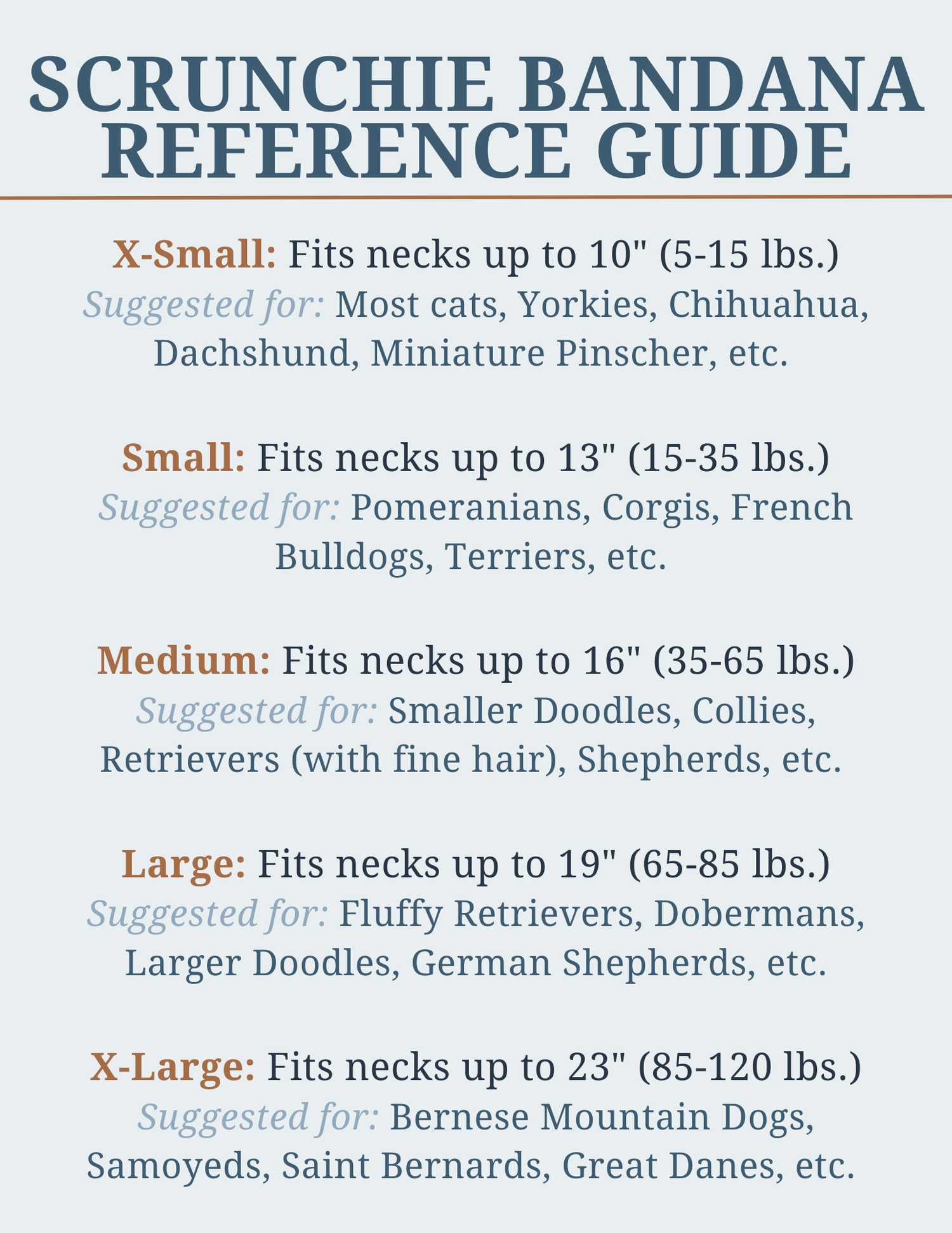 Scrunchie bandana reference guide with size chart and suggested pet types.