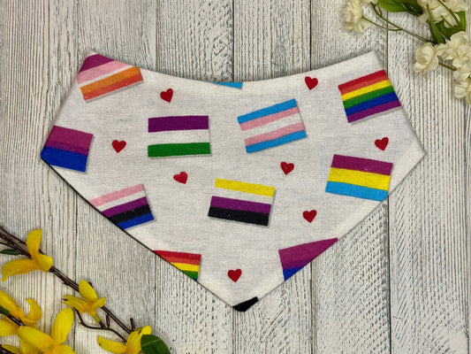 A pet bandana with a pattern of various pride flags and hearts, displayed on a wooden surface. 