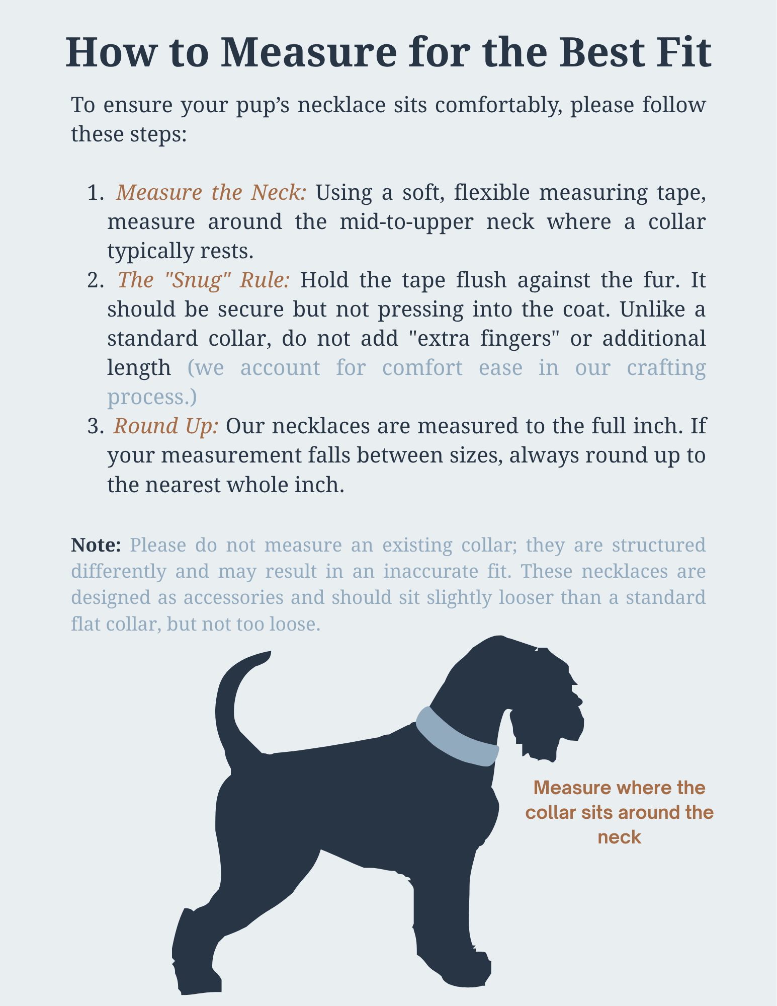 Instructions on how to measure a dog's neck for a beaded pet necklace 