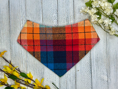 Rainbow plaid pet bandana on a wooden surface with flowers.