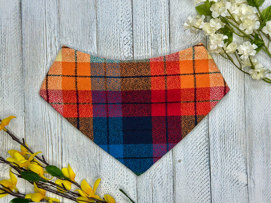 Rainbow plaid pet bandana on a wooden surface with flowers.