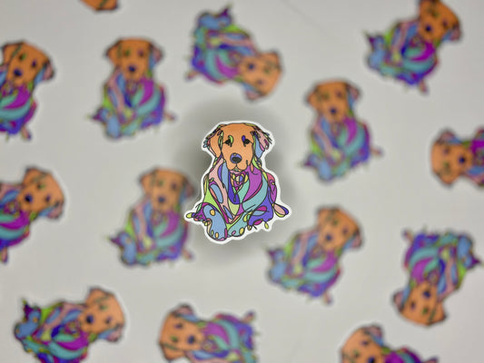 A sticker of a golden retriever with a rainbow-like pattern overlay, surrounded by the same pattern on a white background.