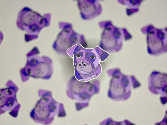 A water-resistant sticker of a Rottweiler's head in a purple color, surrounded by multiple stickers of the same design creating a pattern.