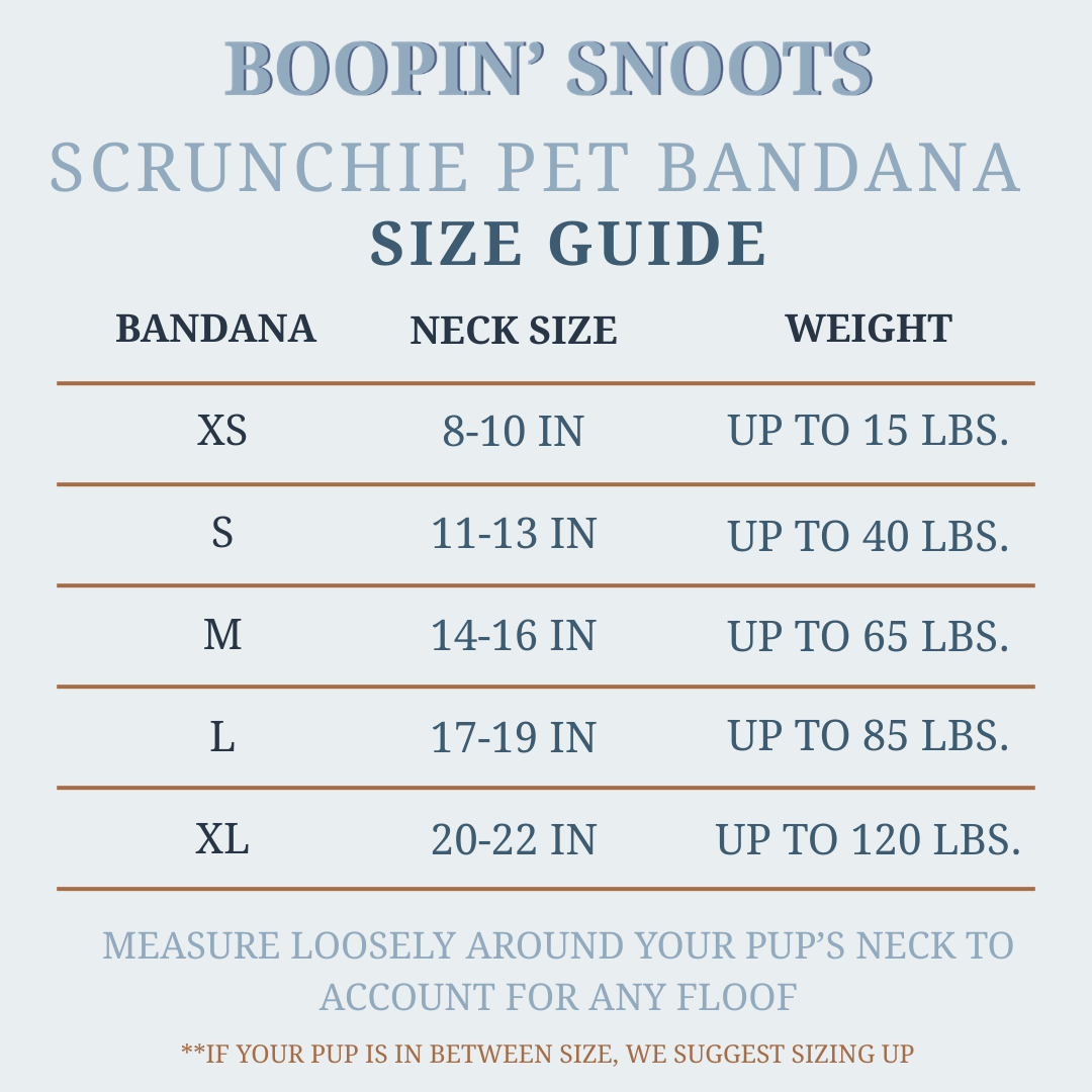 Boopin' Snoots scrunchie pet bandana size guide on a light blue background