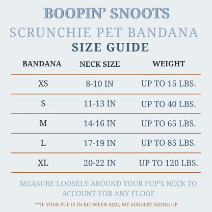 Boopin' Snoots scrunchie pet bandana size guide on a light blue background