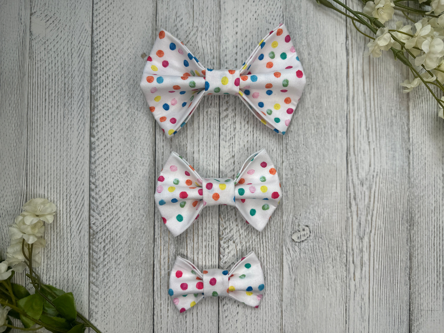 Three pet bow ties (small, medium, large) with a white background and rainbow polka dot pattern, displayed on a wooden surface with flowers for decoration.